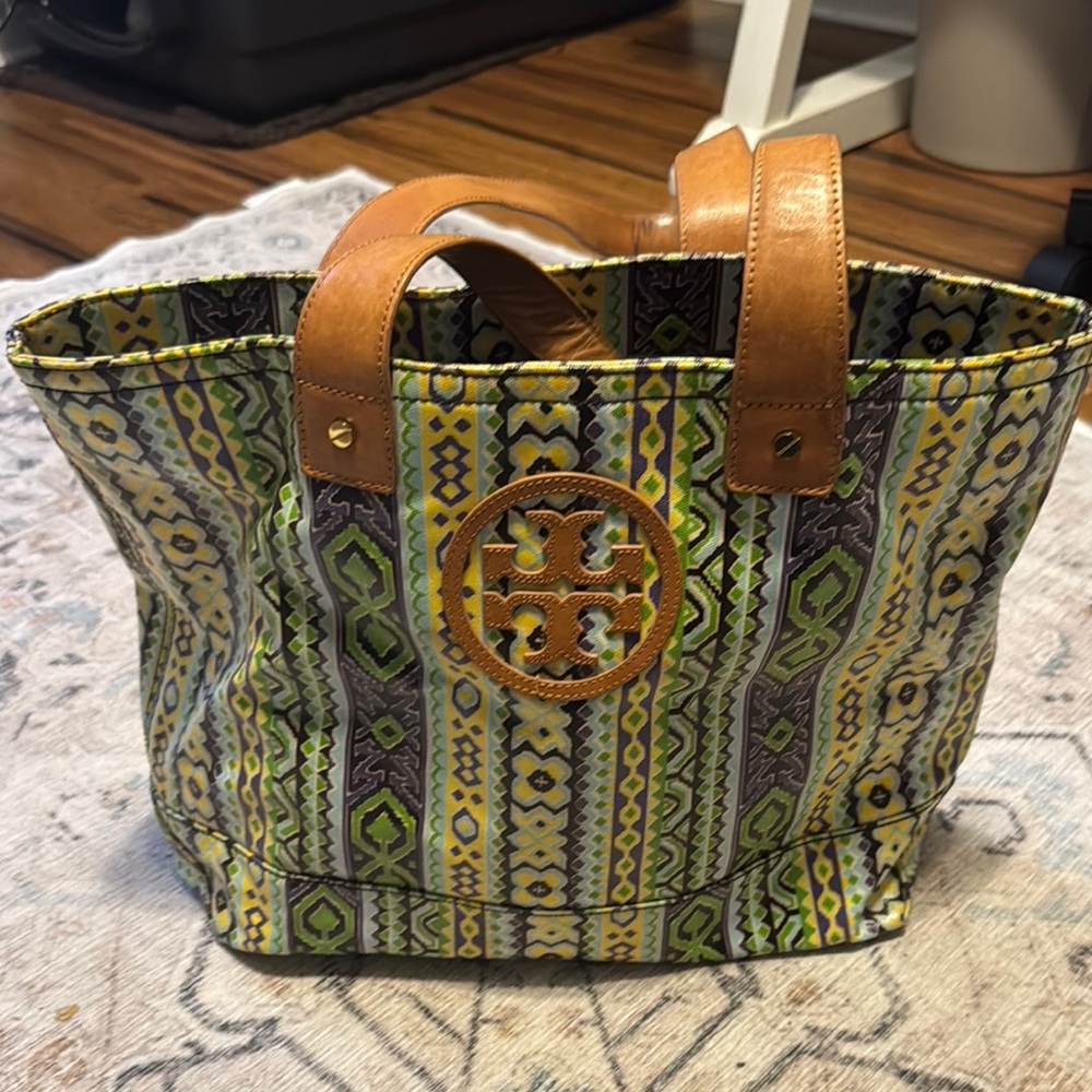 Tory Burch Green and Yellow Geometric Tote